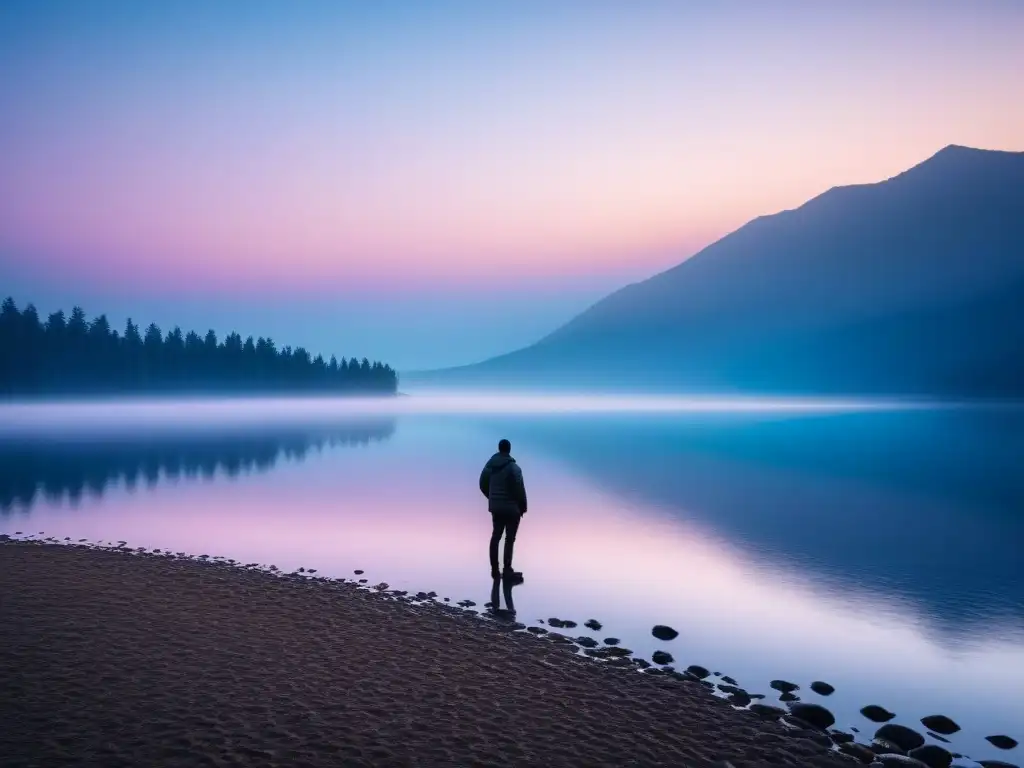 Versos líricos que fusionan sentidos: paisaje sereno al atardecer con lago tranquilo y figura contemplativa en la orilla