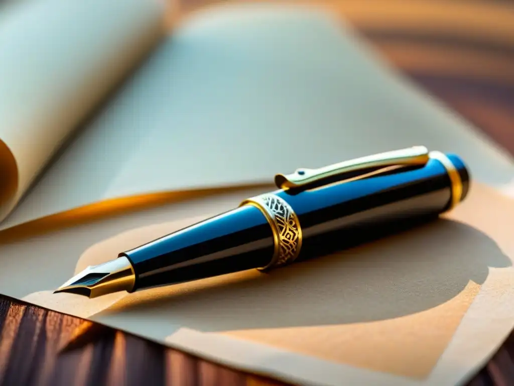 Pluma fuente negra sobre pergamino envejecido: detalle y creatividad Transformación de versos con tintas: una pluma elegante sobre pergamino antiguo, tinta brillante y papel texturizado