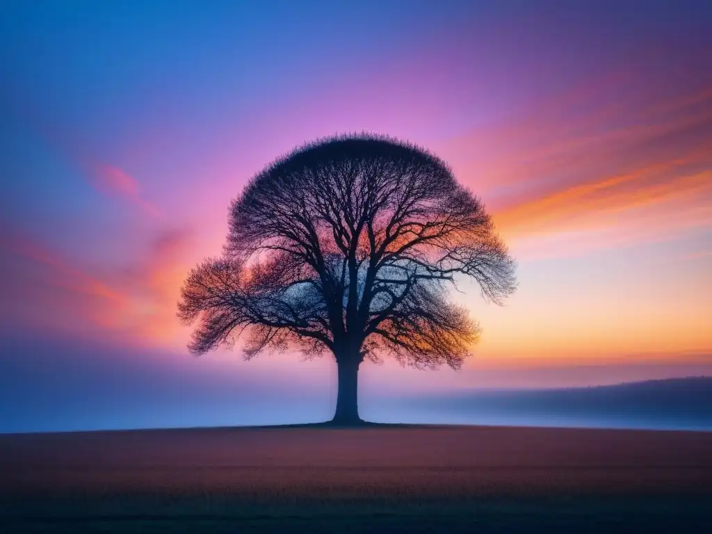 Poesía vertical: Árbol solitario en atardecer vivido, proyectando sombra larga en campo sereno