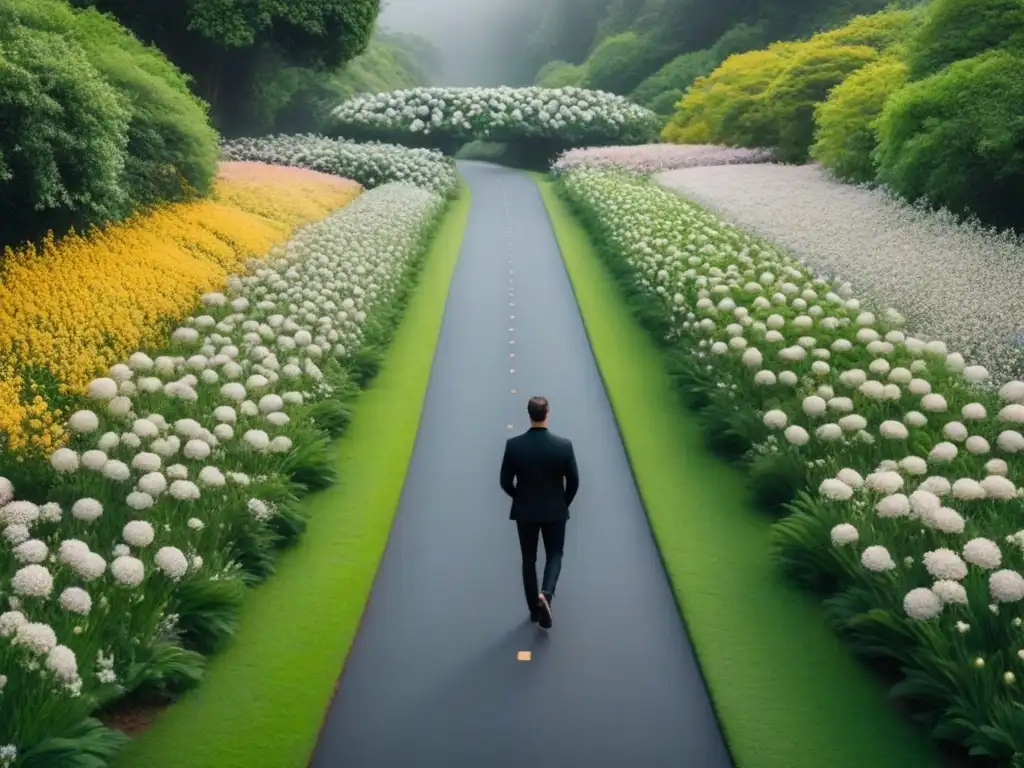 Viaje de autodescubrimiento entre flores representando emociones, con un destino luminoso