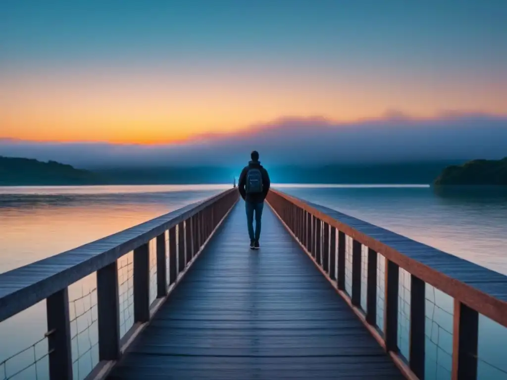 Un viaje emocional profundo a través de la poesía: una figura solitaria en un puente de palabras, con el sol poniéndose en el horizonte