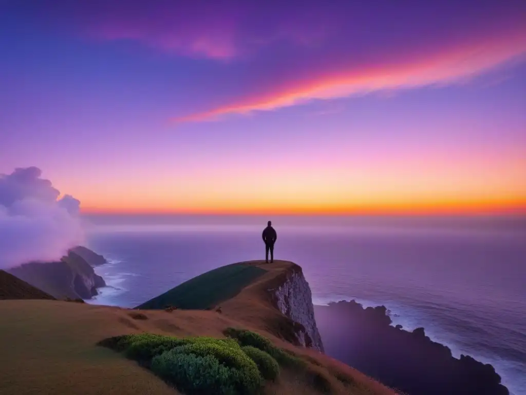 Un viaje filosófico transformador: persona en acantilado mirando al vasto y tranquilo océano al atardecer, en silueta contra un cielo de tonos pastel