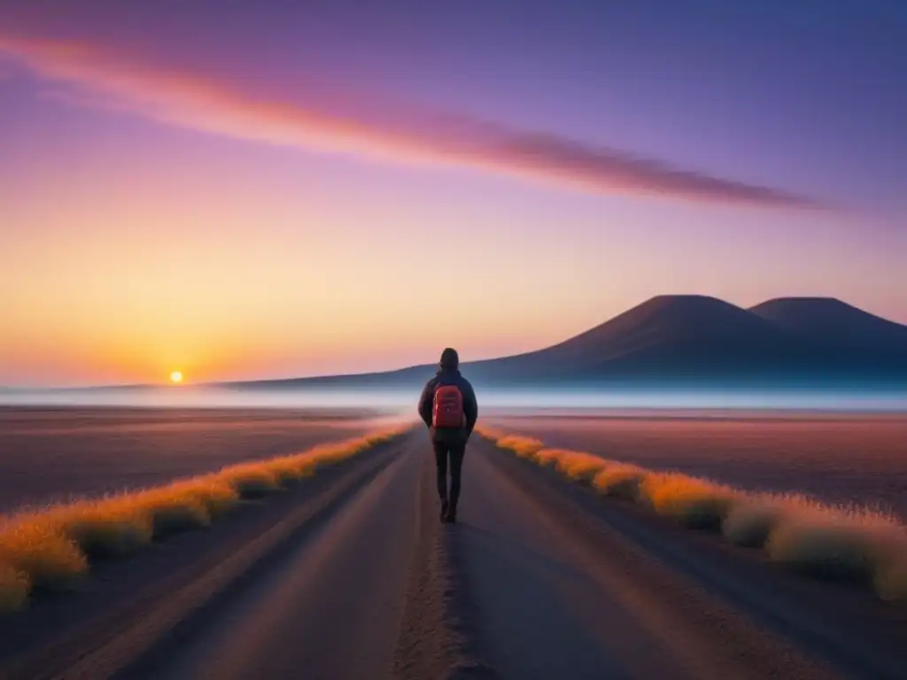 Un viaje filosófico transformador: una figura solitaria contempla el sol etéreo en un paisaje vasto y desolado, lleno de poesía en colores pastel