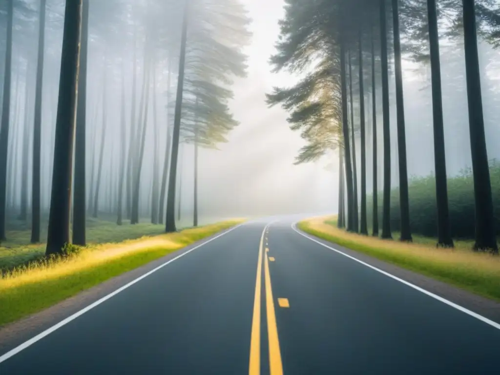 Un viaje poético en blanco y negro: un camino serpenteante bordeado de altos árboles, evocando la travesía poética de Jack Kerouac