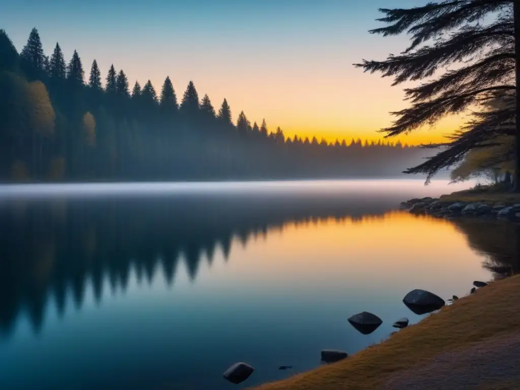 Iniciar viaje poesía lírica: Lago sereno refleja atardecer dorado, rodeado de árboles en silueta