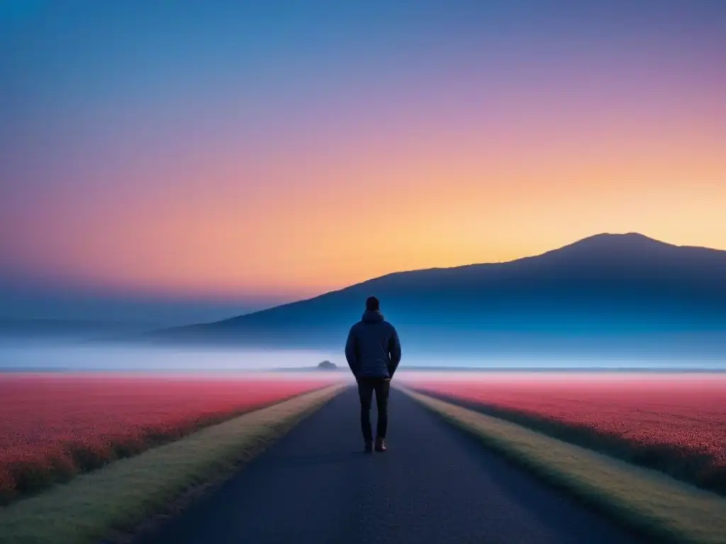 Un viaje de transformación a través de la poesía, donde una figura solitaria contempla el atardecer en la vasta llanura