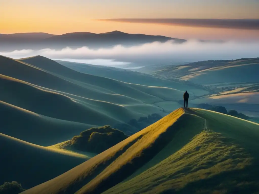 Un viajero en la cima de un acantilado contempla el atardecer sobre un paisaje dorado