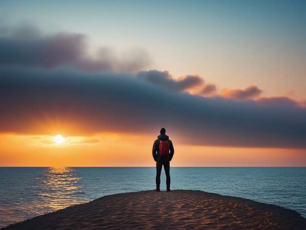 Un viajero contempla el horizonte en un mar al atardecer