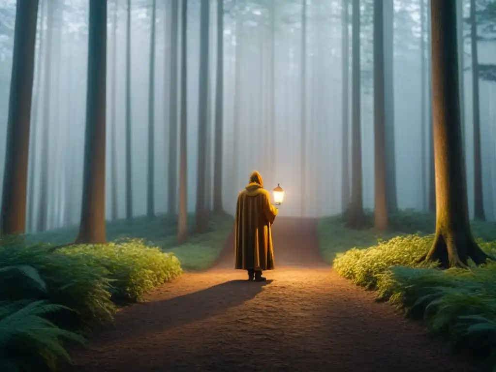 Encrucijada en el bosque: Luz y sombra en la decisión Un viajero solitario en un bosque místico, sosteniendo una linterna brillante