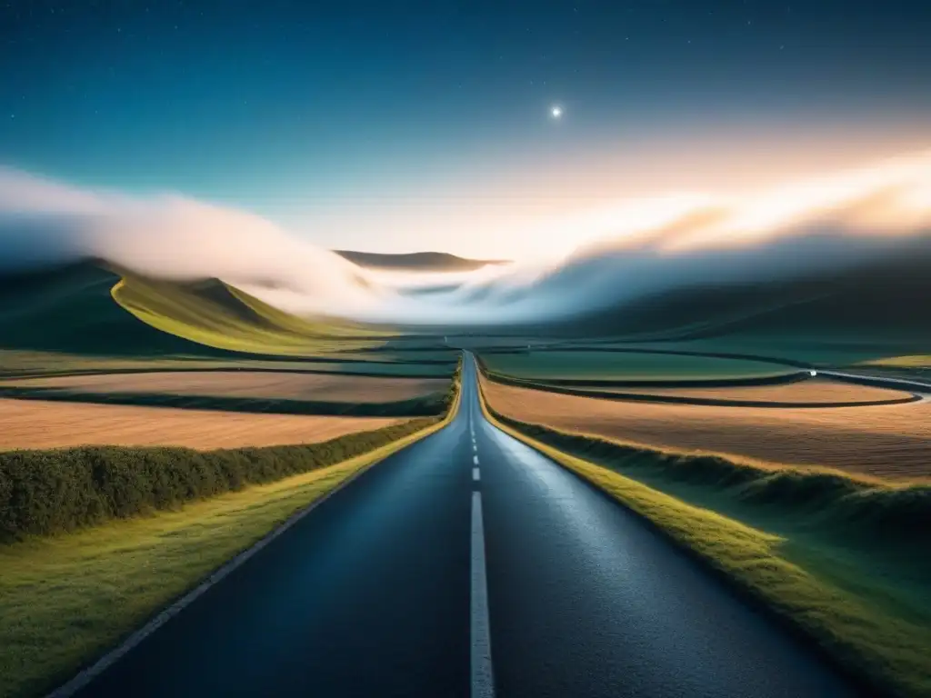 Un viajero solitario recorre una carretera entre vastos paisajes bajo un cielo estrellado, inspirando una travesía poética al estilo de Jack Kerouac