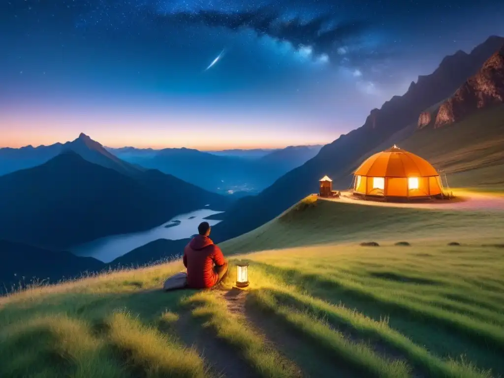 Un viajero solitario leyendo poesía bajo un cielo estrellado, rodeado de montañas, con una cabaña iluminada a lo lejos