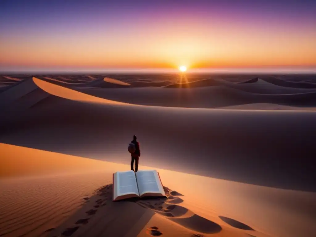 Un viajero solitario en el desierto al atardecer, sosteniendo un libro de poesía