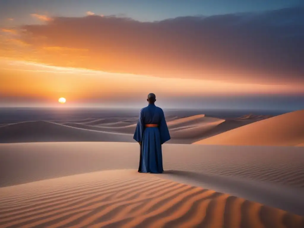 Un viajero solitario contempla el horizonte en un desierto al atardecer