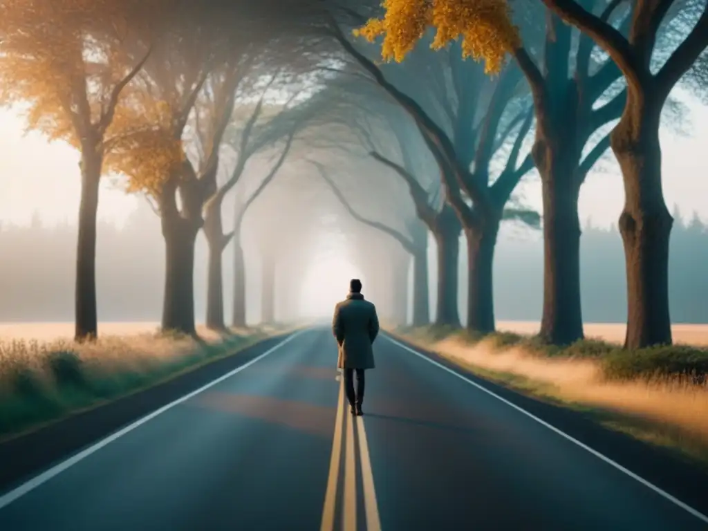 Un viajero solitario contemplando el horizonte en una ruta bordeada de árboles altos