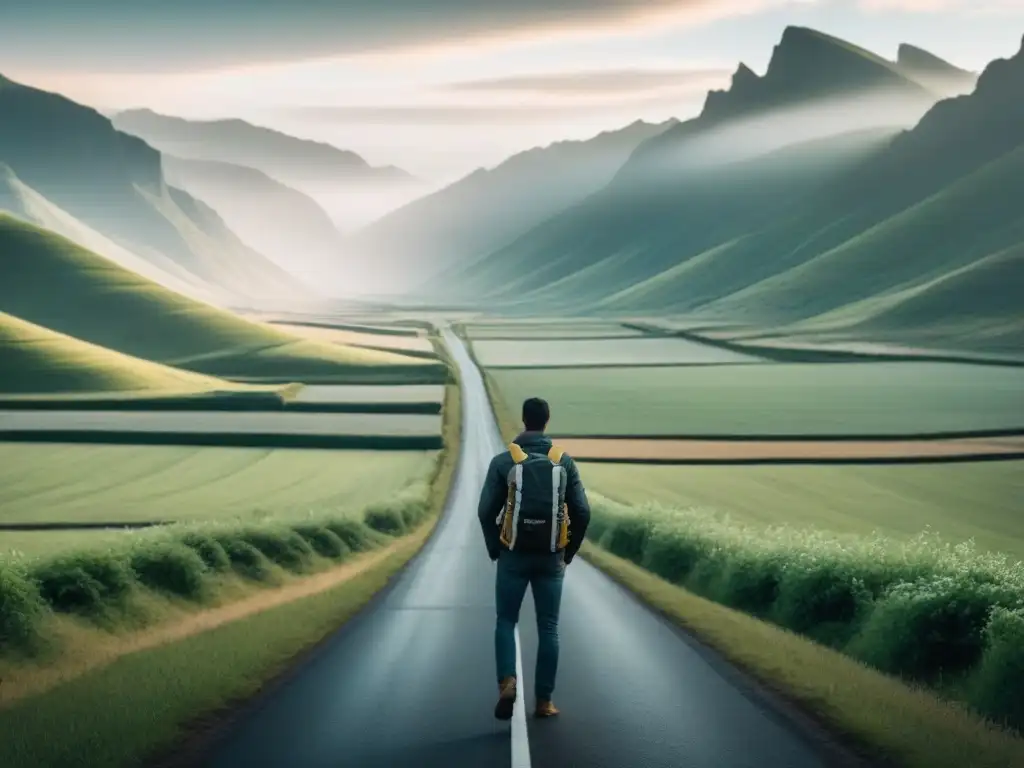 Un viajero solitario camina en un paisaje vasto, evocando la travesía poética de Jack Kerouac