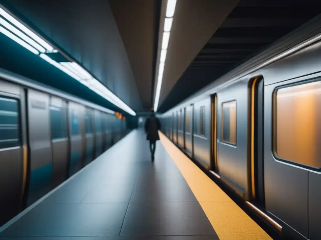 Un viajero solitario aguarda en una plataforma de metro minimalista, creando un ambiente de contemplación y serenidad