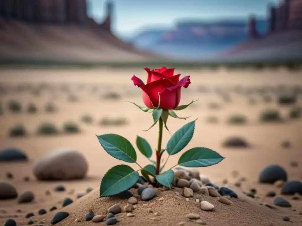 Una rosa roja vibrante florece en un árido desierto rocoso, simbolizando la poesía personal transformadora universal