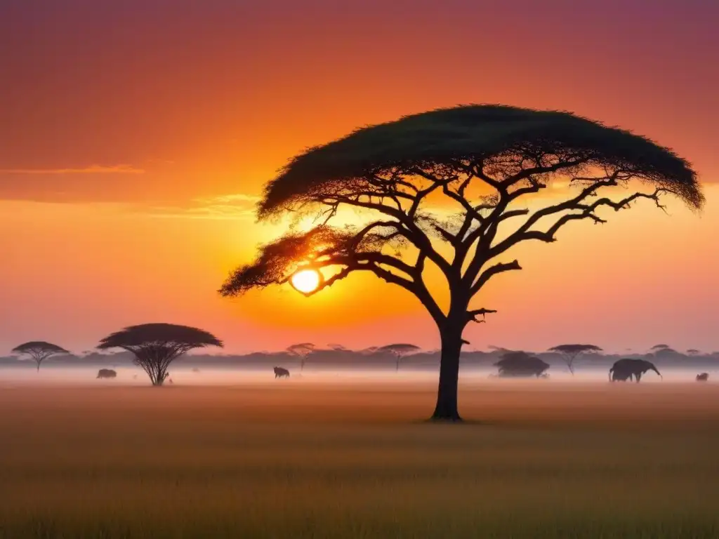 Vibrante atardecer africano sobre la sabana, con siluetas de acacias y cielo anaranjado y rosa