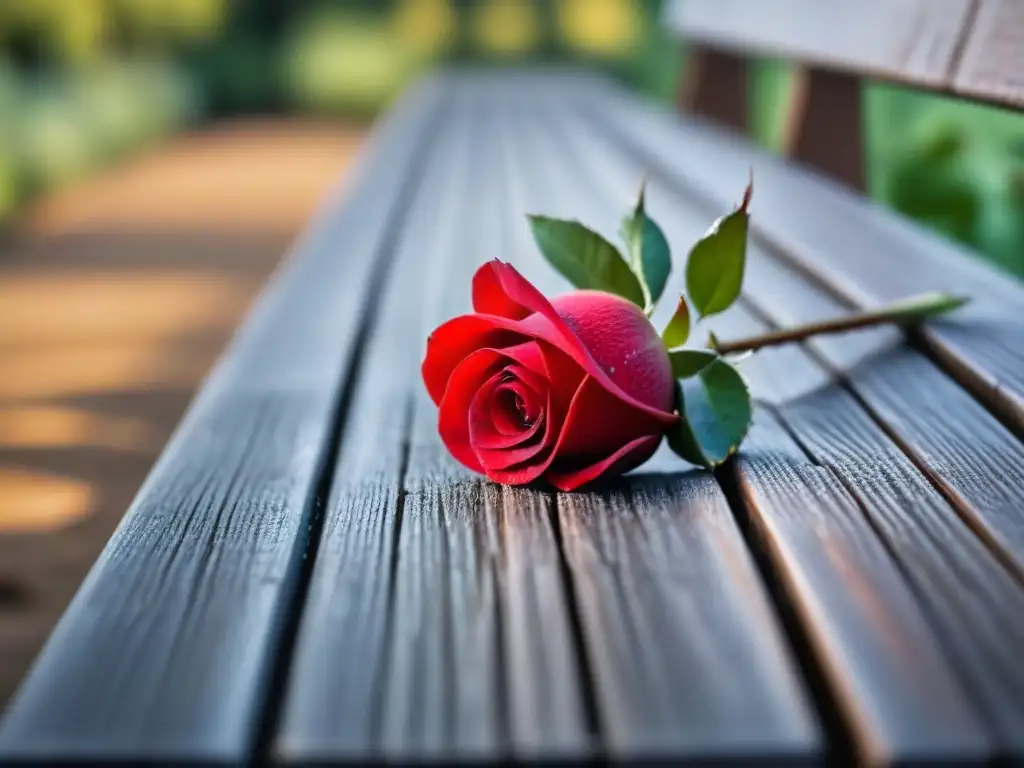 Una rosa roja vibrante sobre un banco de madera en un jardín sereno, evocando belleza y contemplación