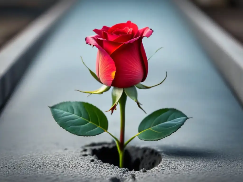 Una rosa roja vibrante brota de una grieta en el concreto, simbolizando la poesía como herramienta transformadora