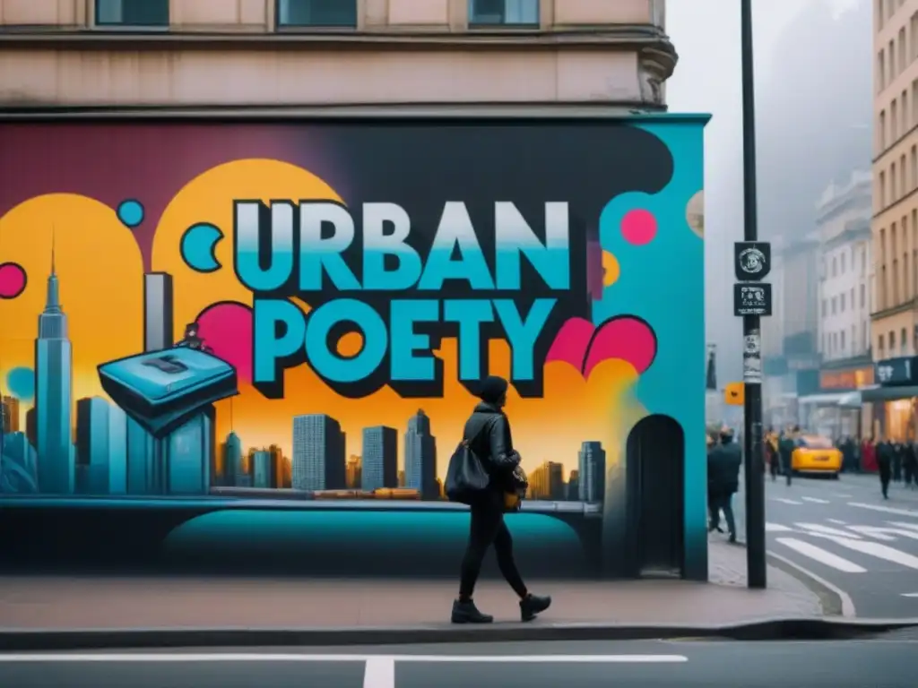 Explora el arte urbano: grafitis, murales y poesía en la ciudad Vibrante calle llena de graffitis y posters de cultura urbana con poemas callejeros, arte y coloridos murales