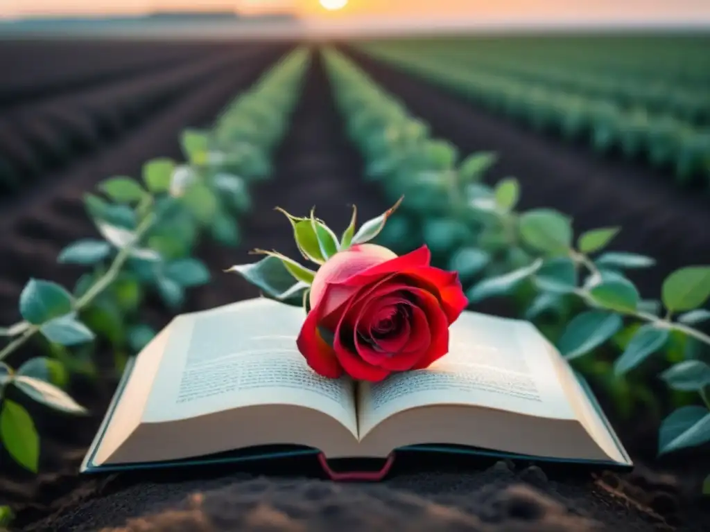 Una rosa roja vibrante entre un campo monocromático, reflejando estrellas, corazones y libros