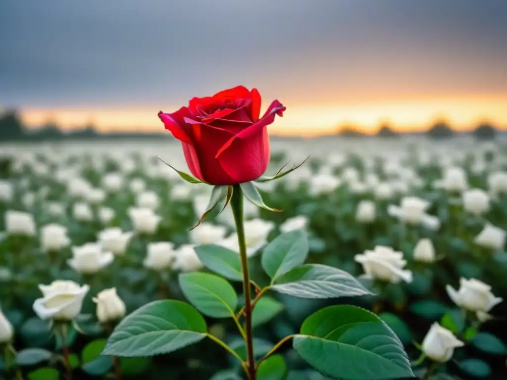 Rosa roja única en campo de gris: originalidad destacando Una rosa roja vibrante destaca en un campo de rosas gris y blancas, simbolizando la originalidad destacándose en la conformidad