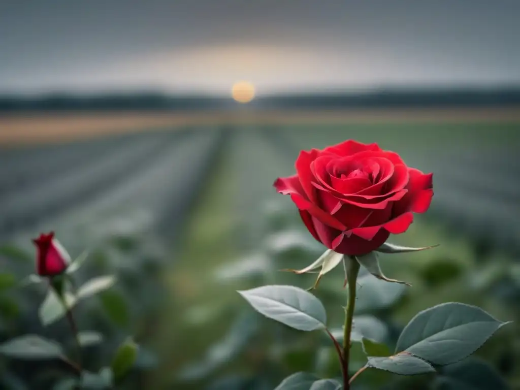 Una rosa roja vibrante destaca en un campo de tonos grises, simbolizando el poder transformador de la poesía