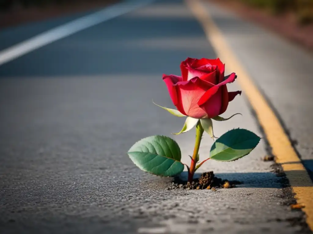 Una rosa roja vibrante crece desafiante en el frío pavimento de concreto, simbolizando rebeldía en poesía lírica