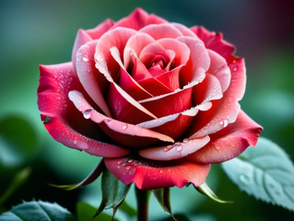 Una rosa roja vibrante en detalle, con gotas de rocío