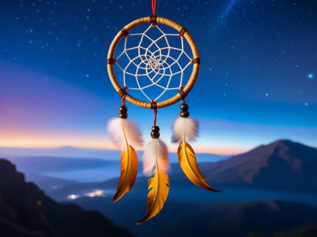 Vibrante dreamcatcher en la noche estrellada, detalle exquisito de la tradición poesía nativa americana