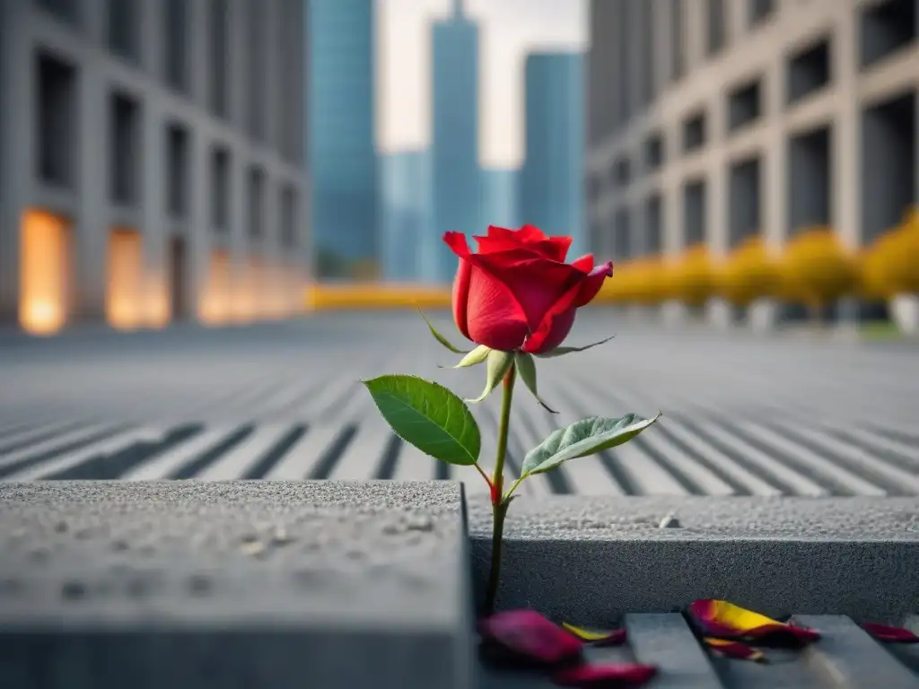 Una rosa roja vibrante florece entre edificios grises, simbolizando la belleza y sanación emocional del papel poesía en la vida urbana