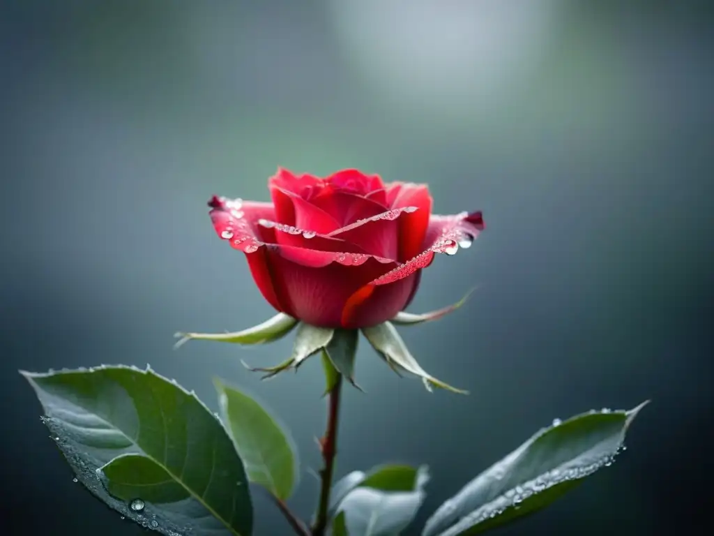 Una rosa roja vibrante destaca en un entorno gris, con cada pétalo detallado y gotas de rocío brillando bajo la suave luz natural