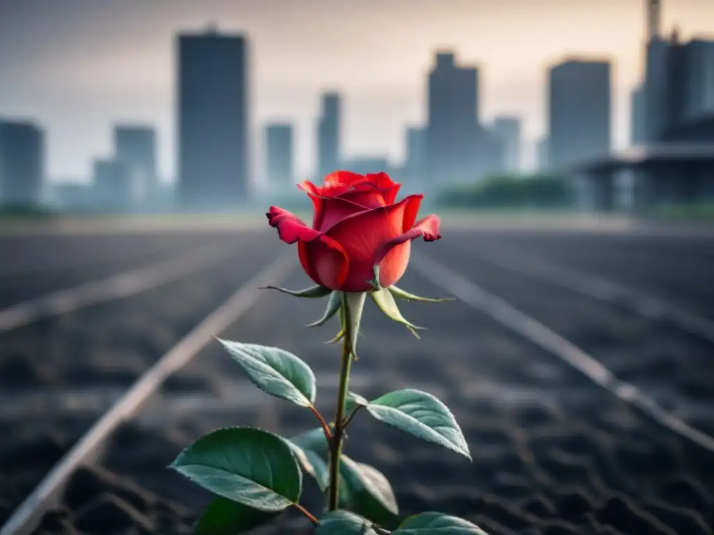 Una rosa roja vibrante florece en un entorno urbano gris, simbolizando la poesía transformadora para activismo