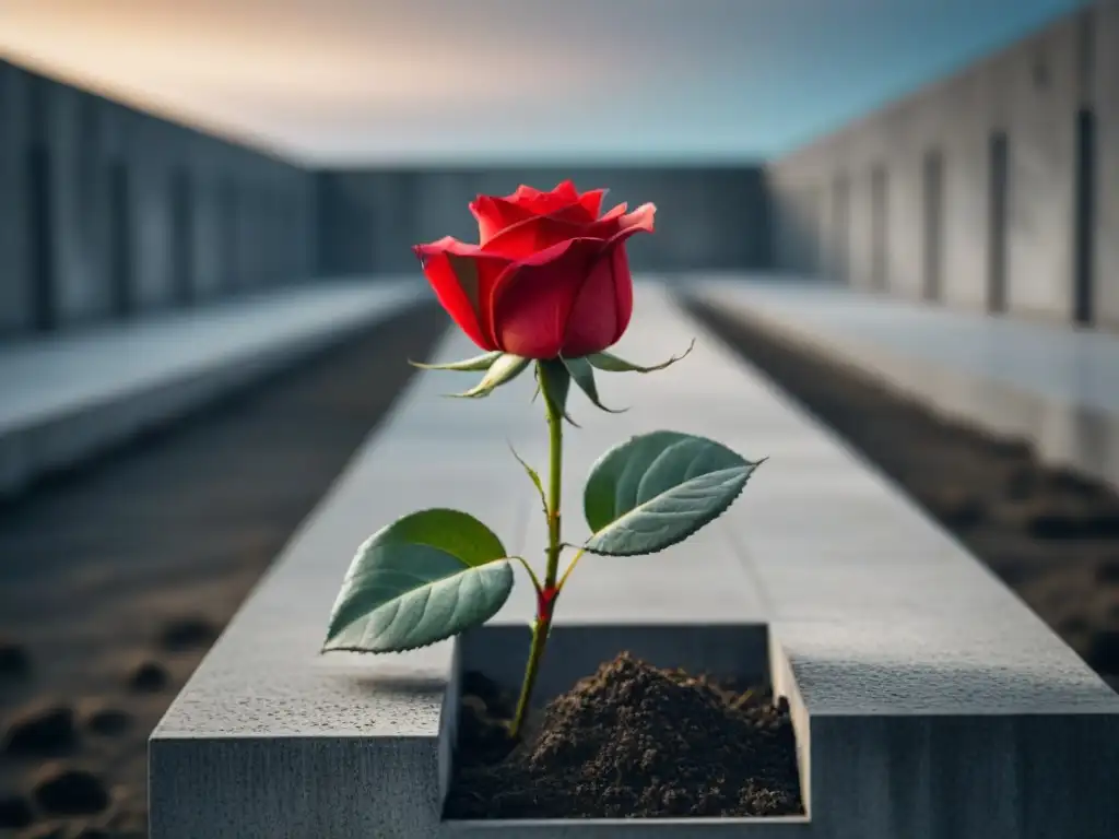 Una rosa roja vibrante destaca entre estructuras de concreto en gris, simbolizando el impacto de la poesía transformadora