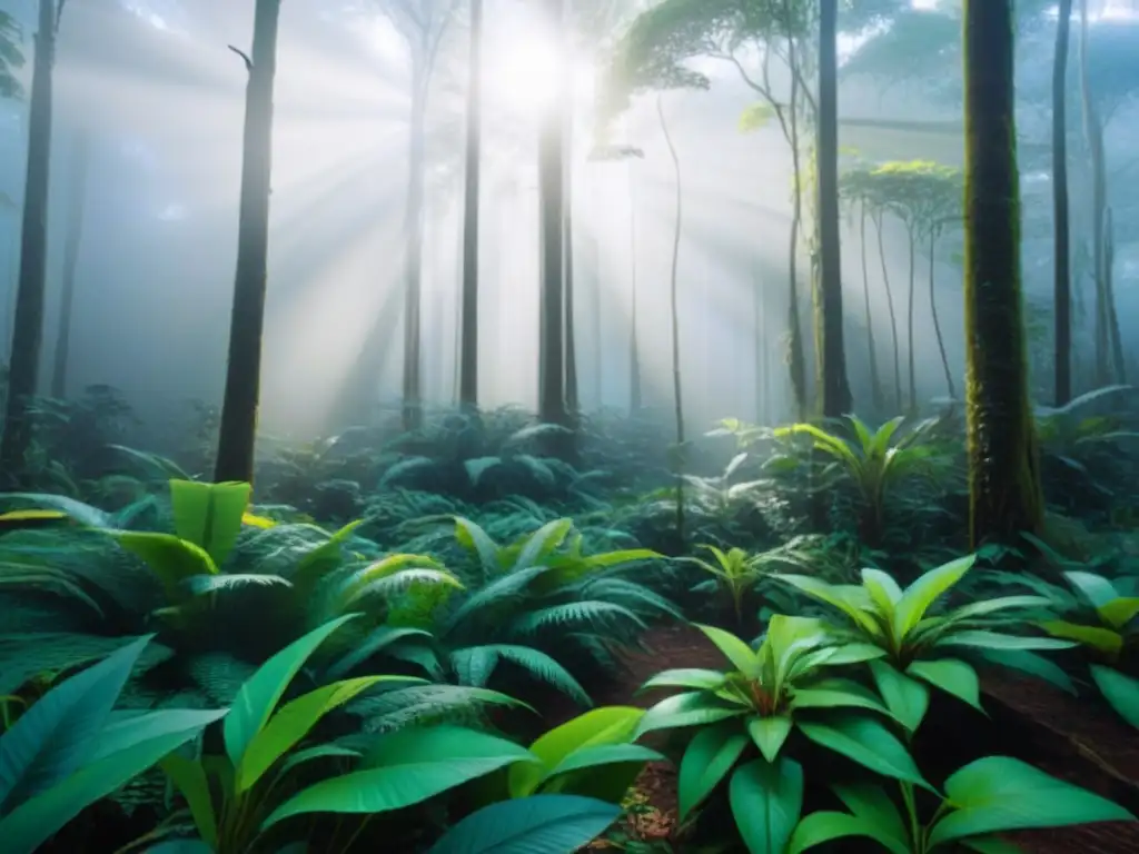 Un vibrante y exuberante bosque lluvioso, hogar de aves y animales, donde la luz se filtra entre la densa vegetación