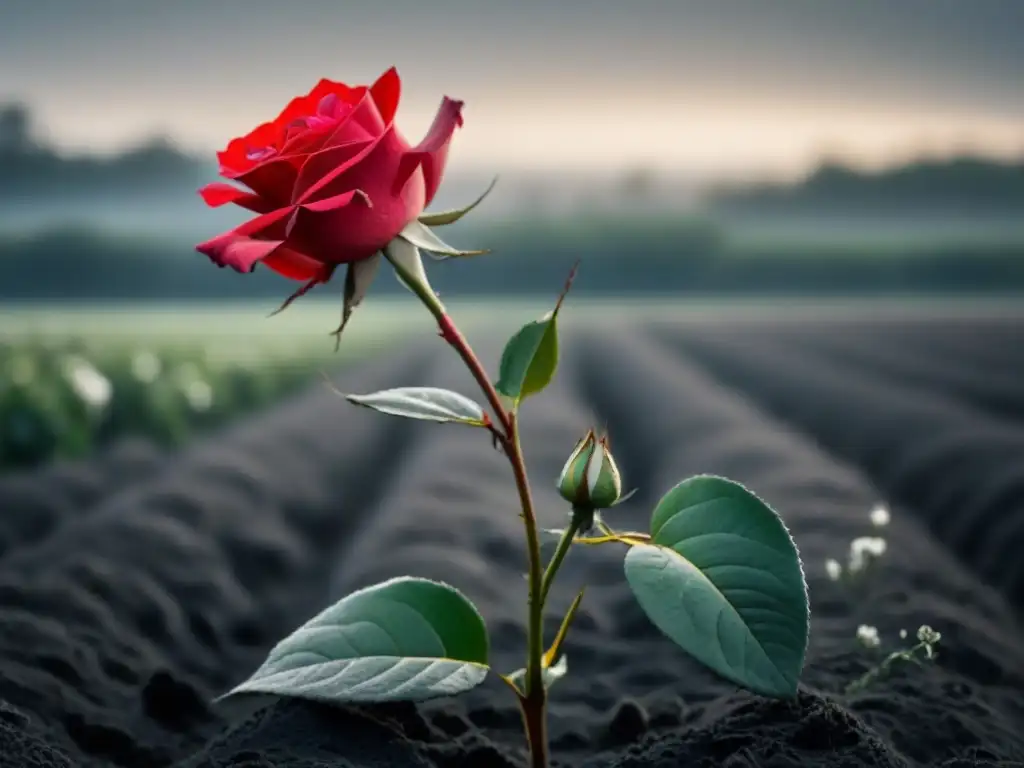 Una rosa roja vibrante destaca entre flores marchitas en un campo gris, simbolizando el poder transformador de palabras y poesía en emociones revitalizantes