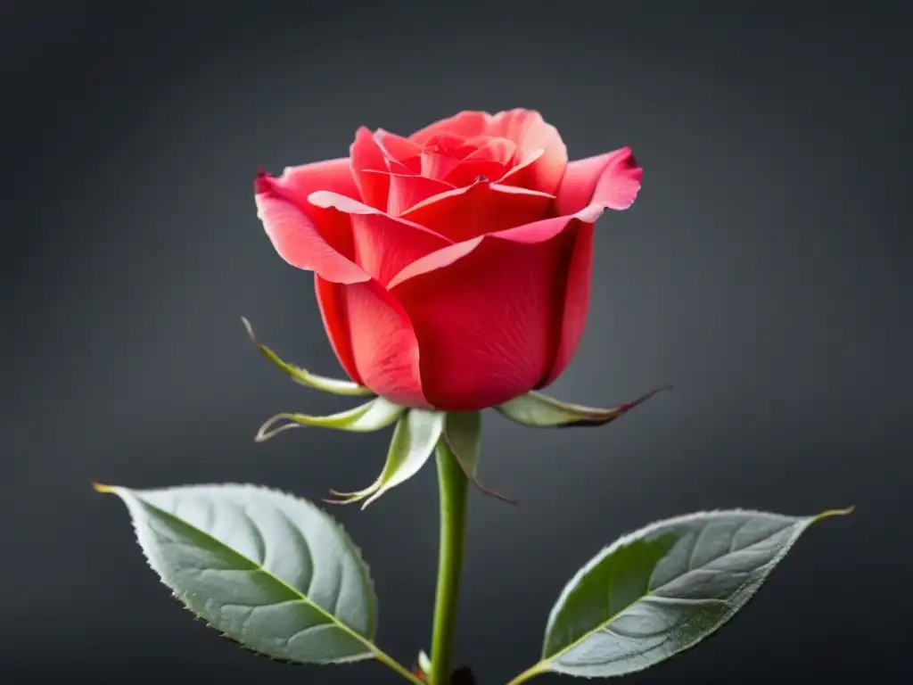 Una rosa roja vibrante florece en un fondo blanco y negro, simbolizando la belleza duradera de la poesía