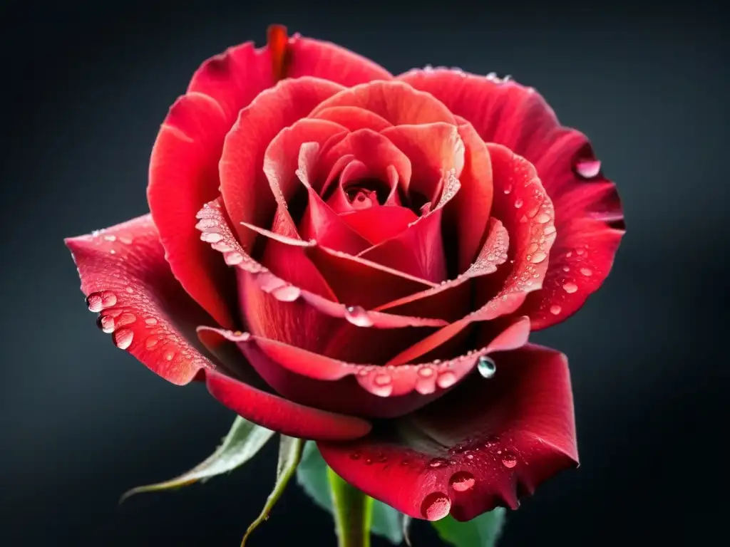 Una rosa roja vibrante con gotas de agua, en contraste con un fondo negro, simbolizando la profundidad y belleza del análisis poético de canciones