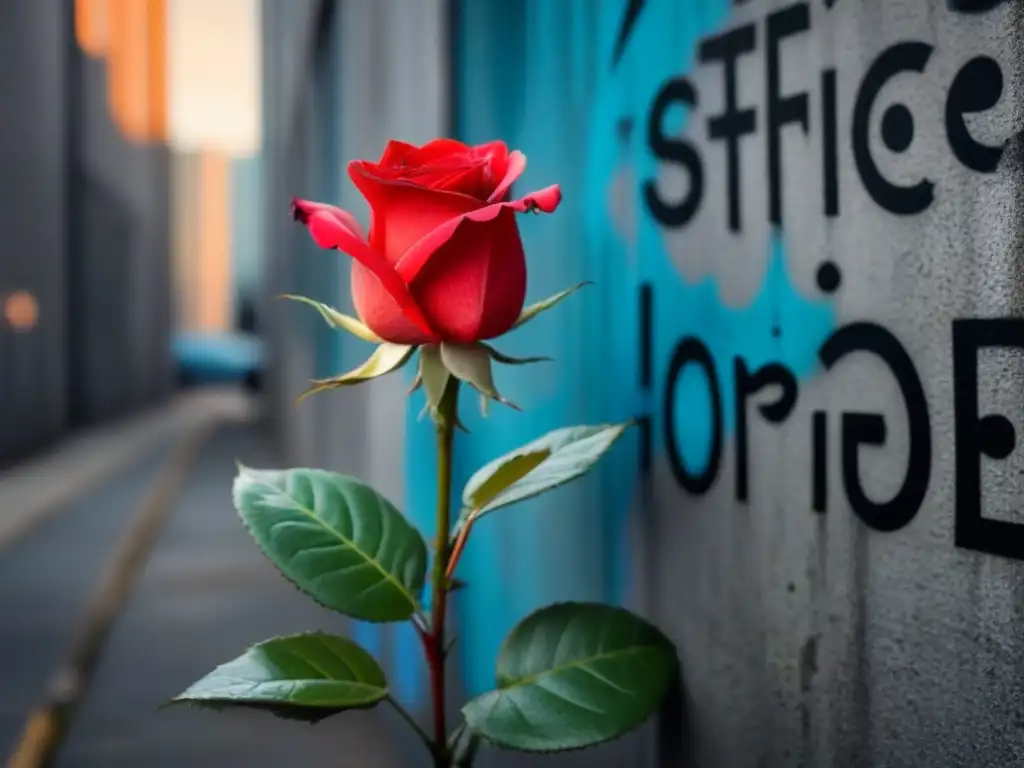 Una rosa roja vibrante florece entre graffiti de resistencia y unidad en concreto urbano