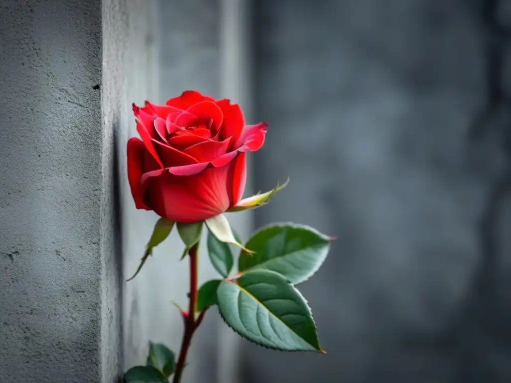 Una rosa roja vibrante crece en una grieta de concreto, simbolizando la poesía transformadora en movimientos activistas