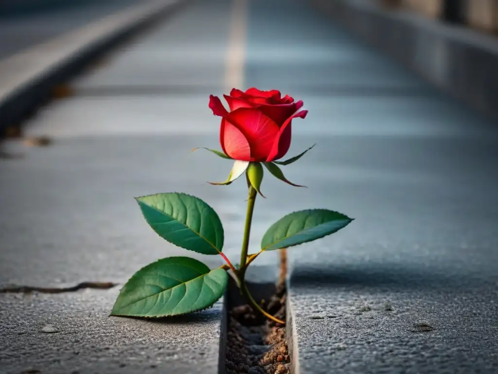 Una rosa roja vibrante crece entre grietas de concreto, simbolizando la belleza y resistencia de la poesía en el compromiso social y concursos