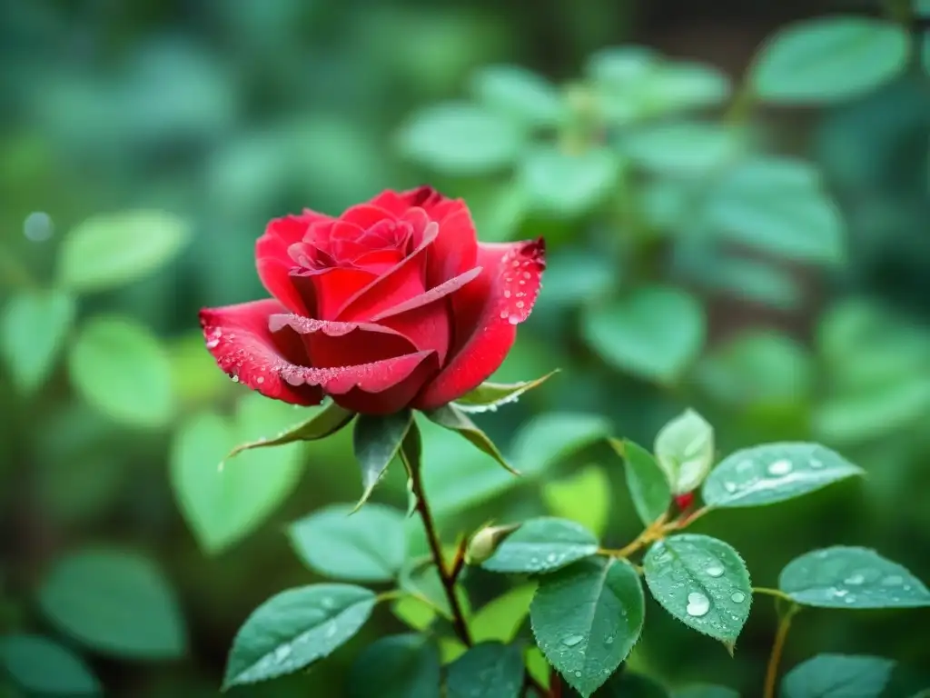 Una rosa roja vibrante entre hojas verdes, con rocío en pétalos