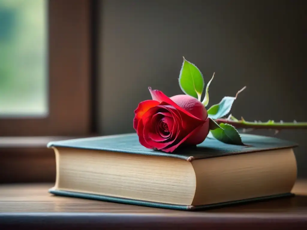 Una rosa roja vibrante sobre libros de poesía envejecidos, simbolizando la belleza atemporal de las colecciones poesía lírica transformadora