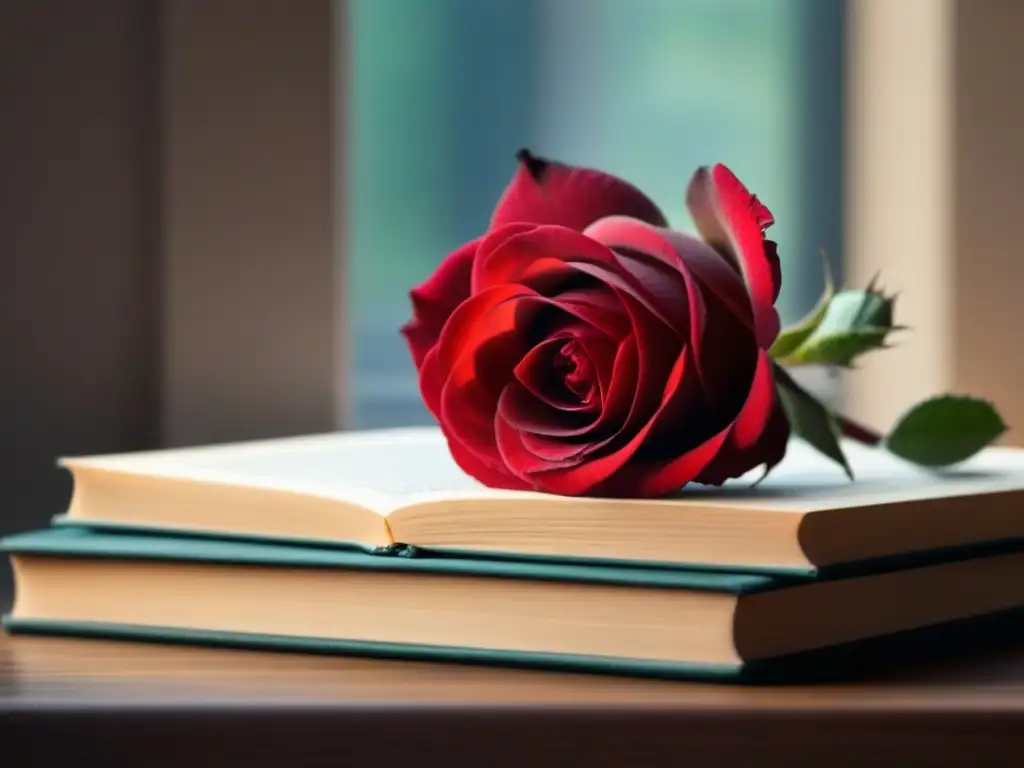 Rosa roja sobre libros de poesía: detalle y elegancia Una rosa roja vibrante sobre libros de poesía, iluminada por luz natural