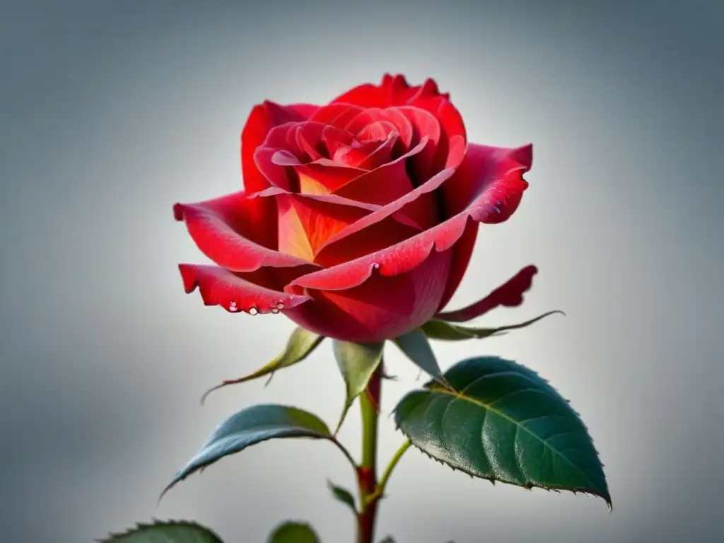 Una rosa roja vibrante destaca en un lienzo blanco, creando poesía visual y belleza transformadora