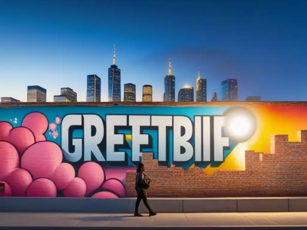 Artistas urbanos crean graffiti colorido bajo las estrellas Un vibrante mural callejero muestra a artistas urbanos creando graffiti colorido bajo un cielo estrellado, con la ciudad de fondo