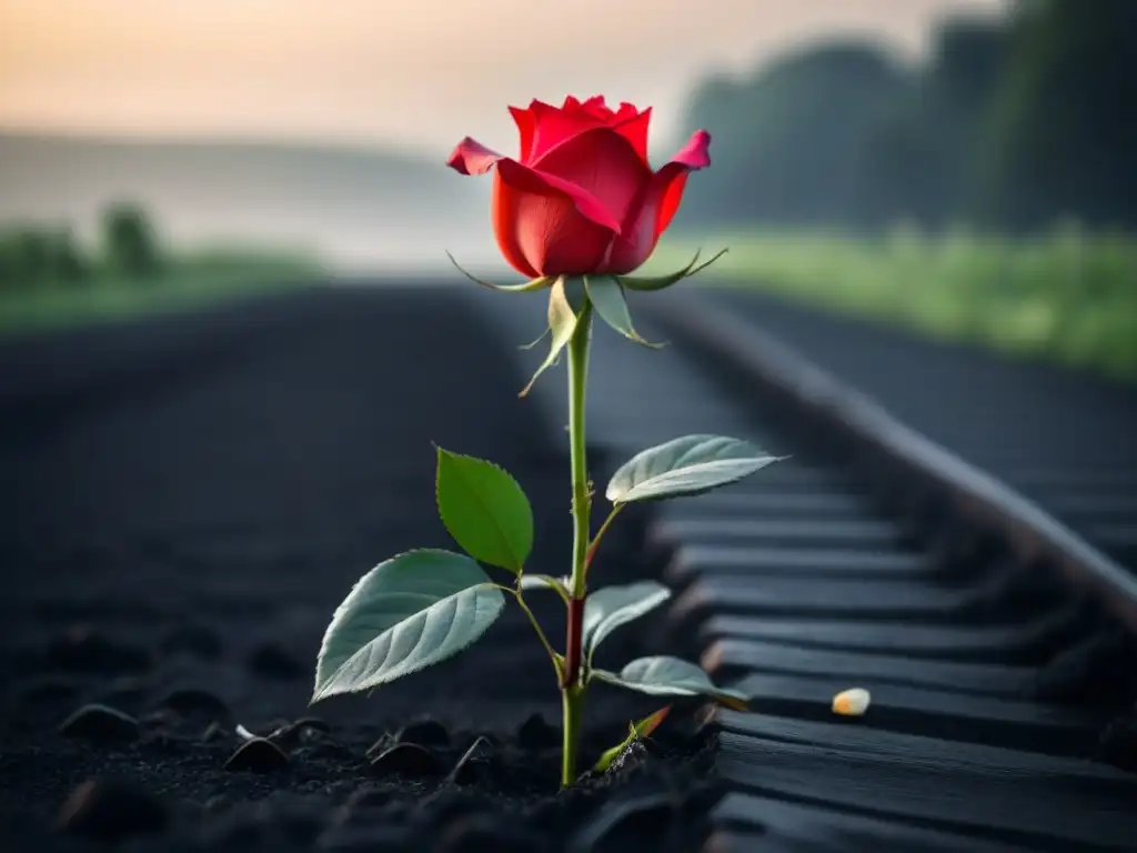 Una rosa roja vibrante destaca en un paisaje blanco y negro, simbolizando el cambio y la transformación de las antologías poéticas causa cambio