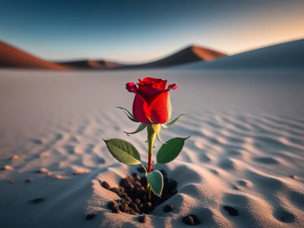 Una rosa roja vibrante destaca en un paisaje desértico en blanco y negro, con cada detalle meticulosamente plasmado en 8k