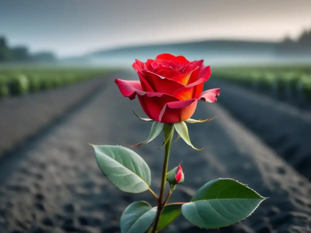 Una rosa roja vibrante florece en un paisaje grisáceo, simbolizando la poesía lírica transformadora de la belleza